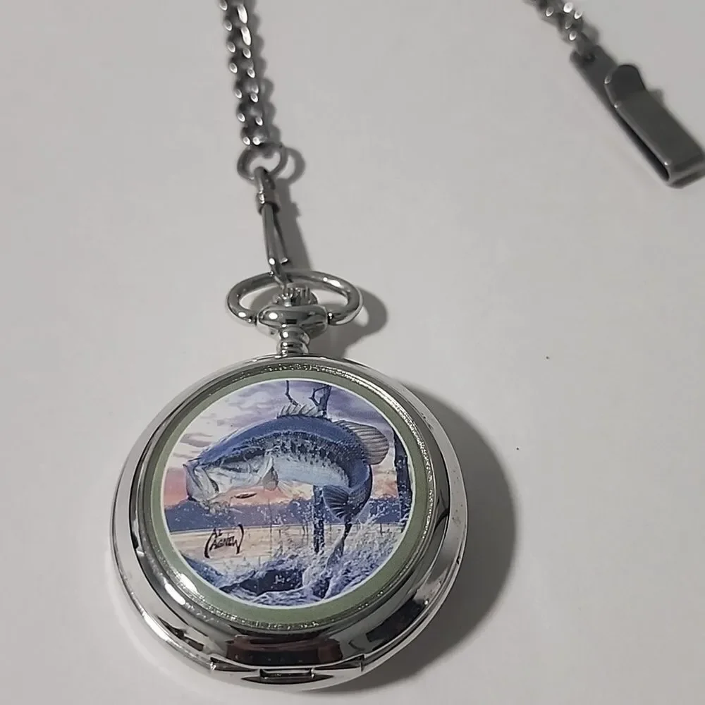 Al Agnew Bass Quartz Men's Pocket Watch WITH Chain Silver Tone